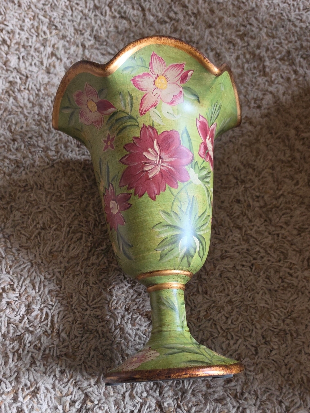 Hand-Painted Green Floral Decorative Pedestal Vase